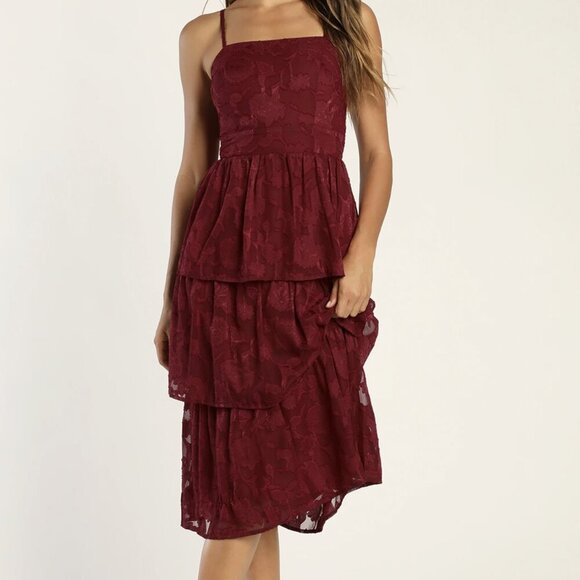 Lulus Dresses & Skirts - NWT Lulus Grace and Beauty Burgundy Burnout Floral Print Tiered Dress